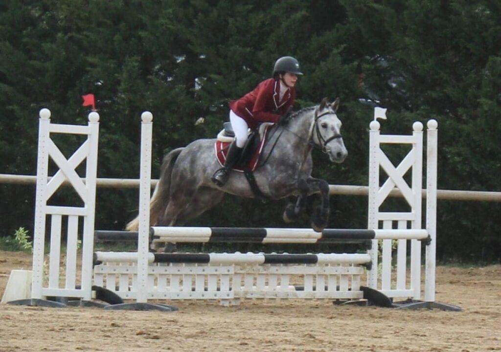 Une jeune femme saute au-dessus d'un obstacle avec son cheval au centre équestre du Couzon