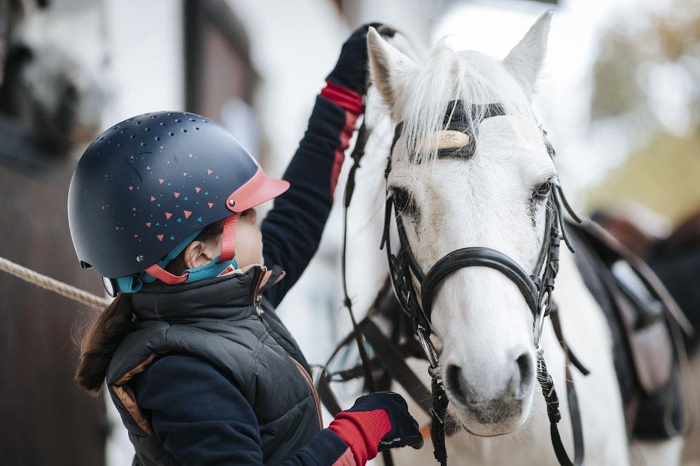 Une jeune fille prépare son cheval au centre équestre du Couzon