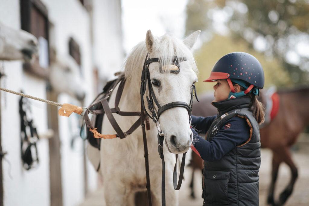 Une jeune fille attelle son cheval dans le centre équestre du Couzon