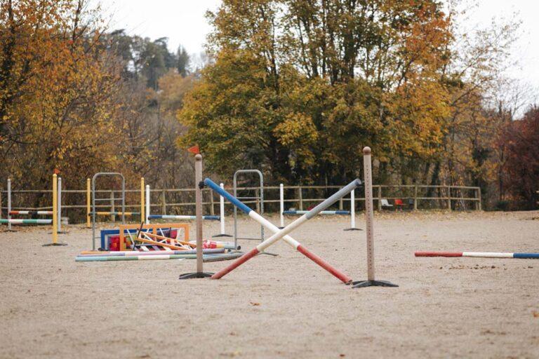 Des sauts et obstacles sont dispersés dans la carrière du centre équestre du Couzon