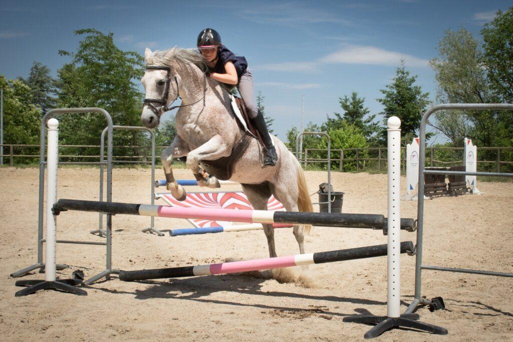 Une femme sur son cheval saute au-dessus d'un obstacle au centre équestre du Couzon